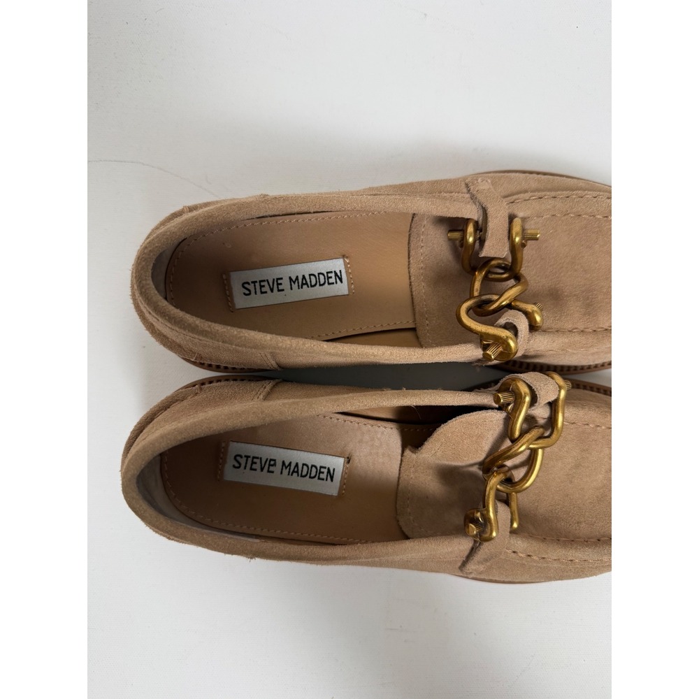 Steve Madden Tan Suede Chain Link Loafers Womens Lug Sole Slip On Shoes Sand - Picture 8 of 12